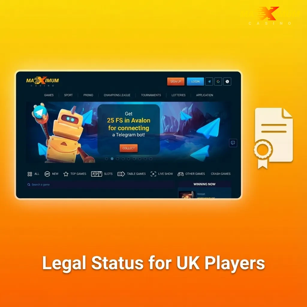 Maximum Casino UK gambling license certificate displayed, confirming legal operation and regulatory compliance