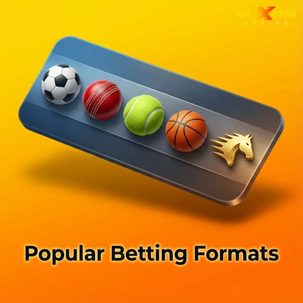 Illustration showing three betting format options: Multi Live accumulator, Line Prematch, and Combo Bets on Maximum Casino