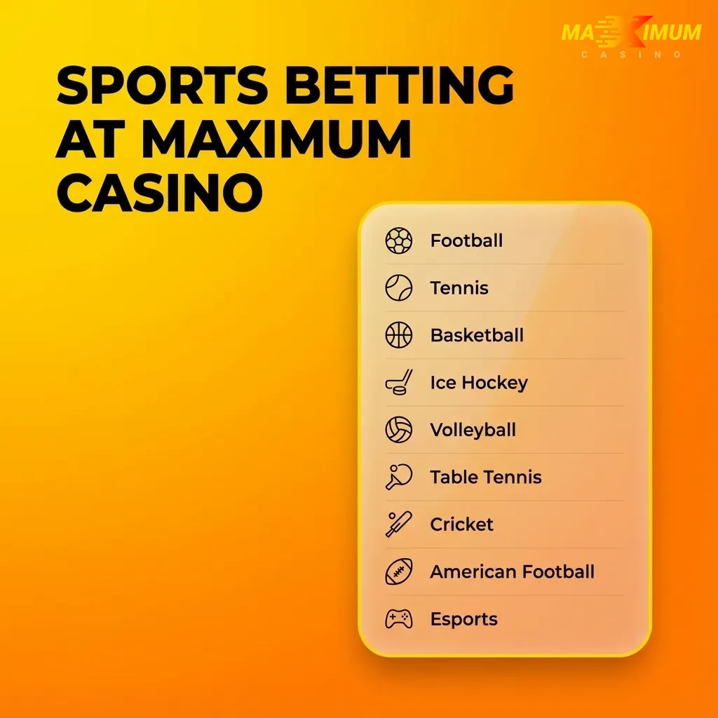 Maximum Casino sports betting interface showing football, tennis, horse racing, cricket, and basketball markets